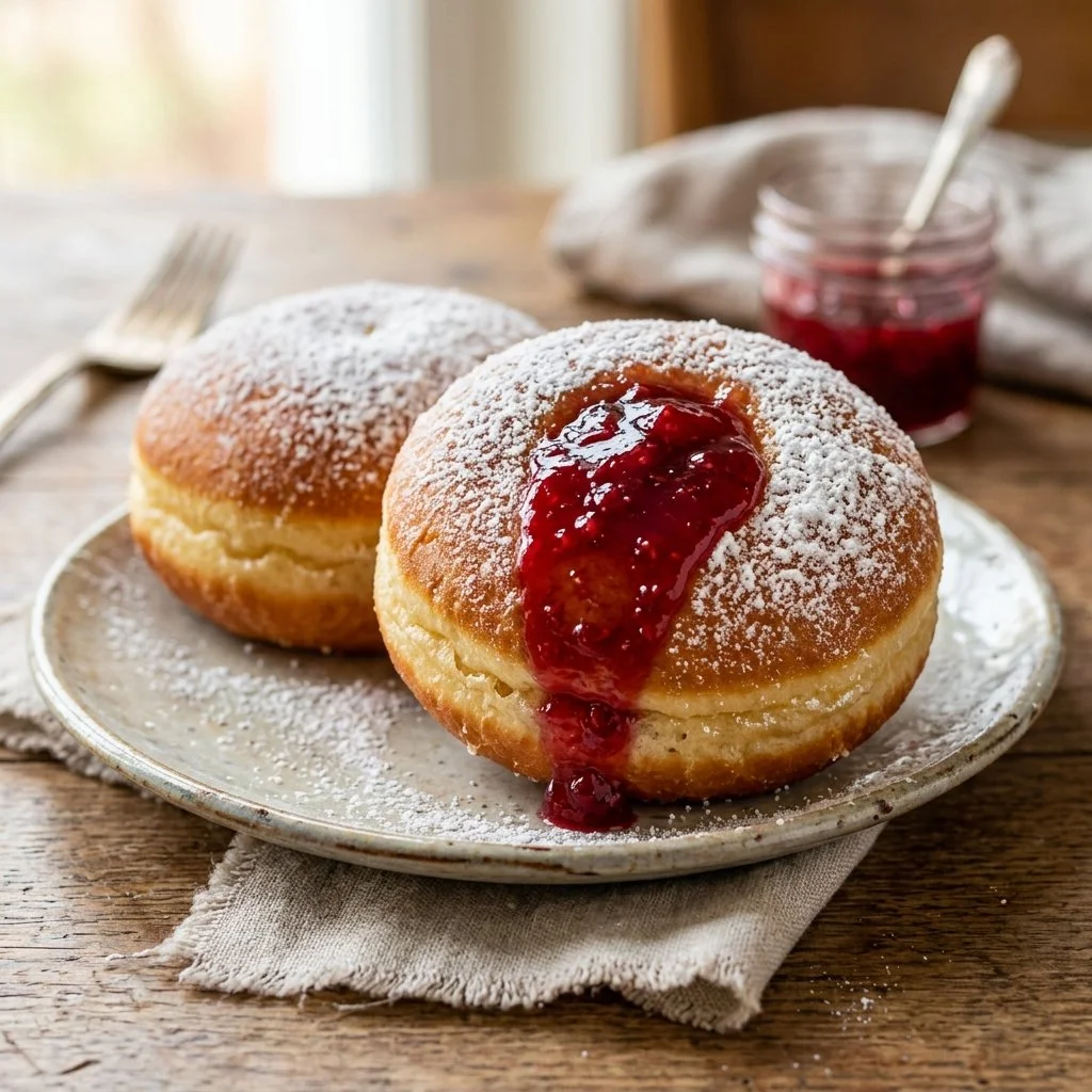 Freshly baked jelly donuts with fruit filling, a delightful sweet treat.