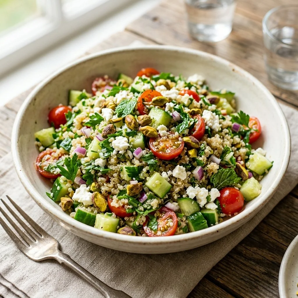 A vibrant bowl of Jennifer Aniston Salad with fresh vegetables and grains.