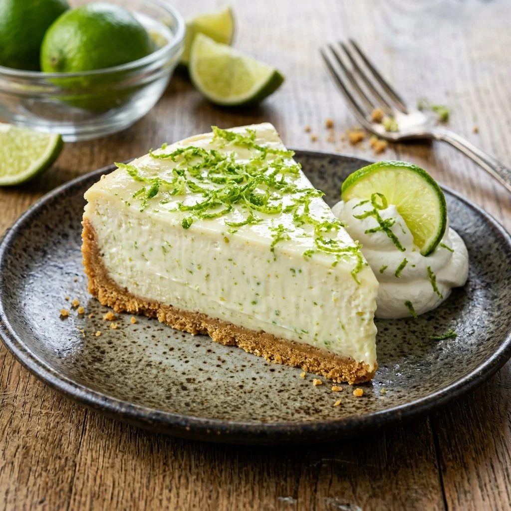 Delicious slice of Key Lime Cheesecake with lime zest on top