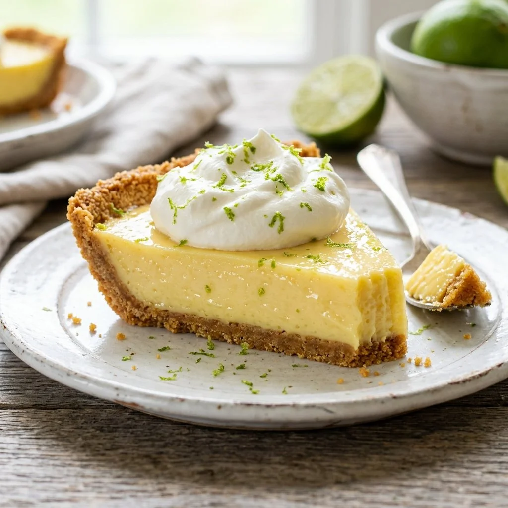 Delicious slice of homemade Key Lime Pie served with whipped cream