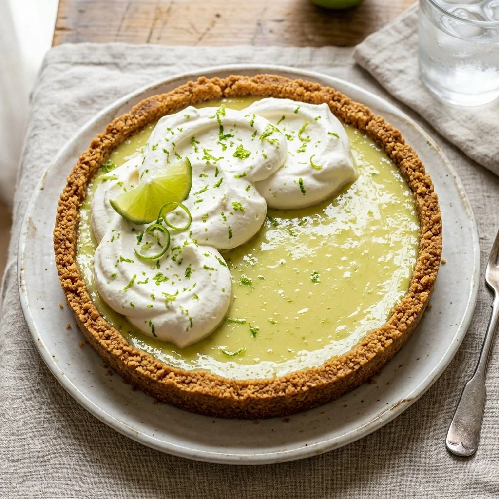 Homemade Key Lime Pie with a golden crust and whipped cream topping