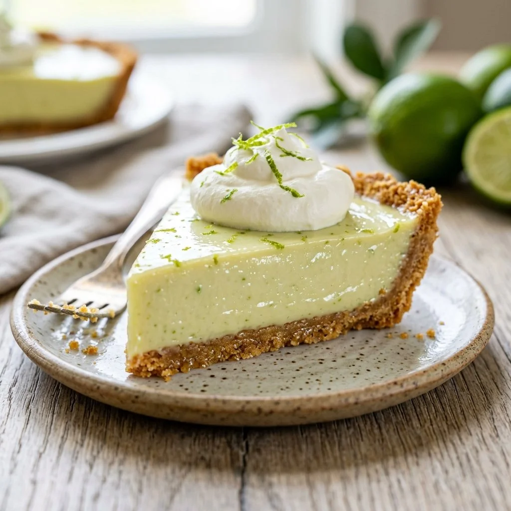 Slice of delicious Key Lime Pie garnished with whipped cream and lime slices
