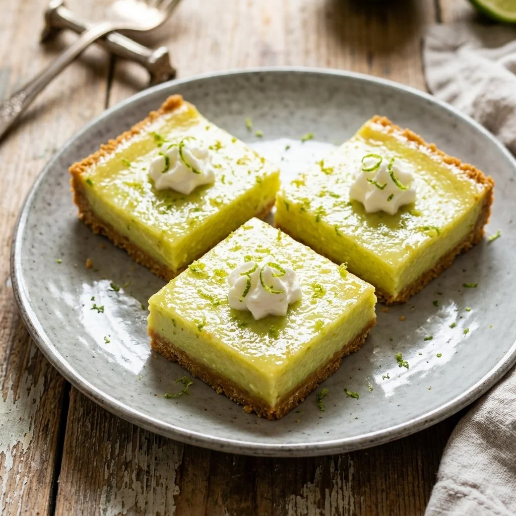 Delicious homemade Key Lime Pie Bars served on a plate with lime slices.