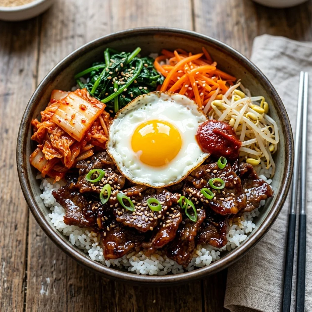 Delicious Korean beef bowls topped with vegetables and rice