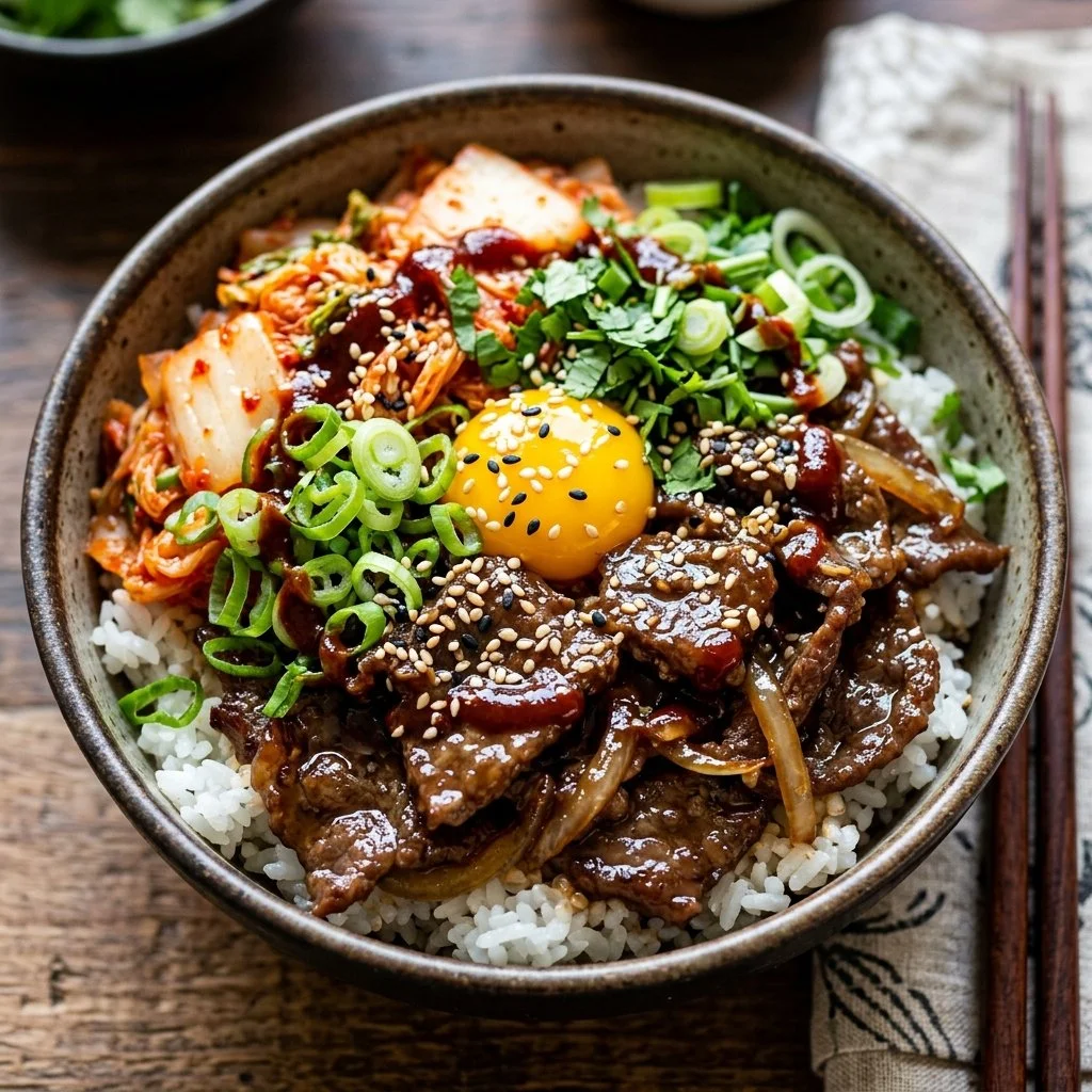 Delicious Korean Beef Bowls featuring tender beef and fresh vegetables.