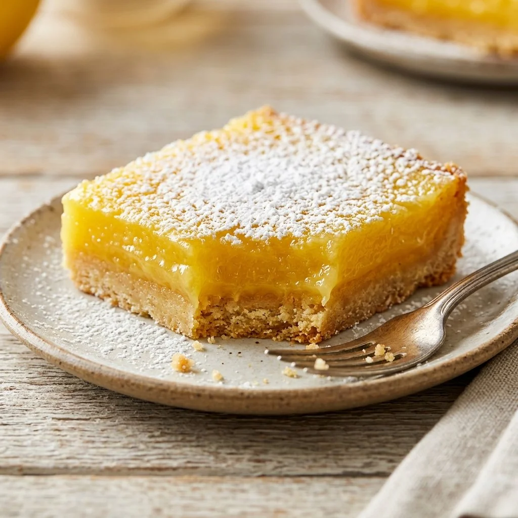 Delicious homemade lemon bars with a light dusting of powdered sugar