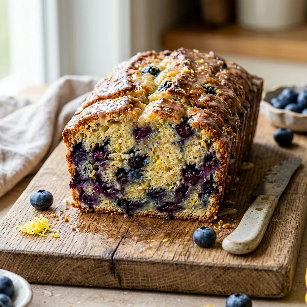 Freshly baked lemon blueberry bread with vibrant blueberries and lemon zest.