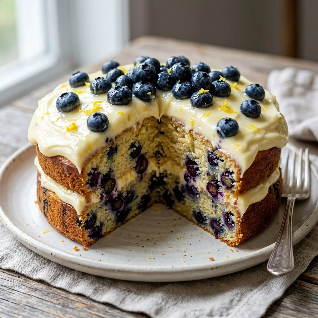 Delicious Lemon Blueberry Cake topped with fresh blueberries and lemon zest.