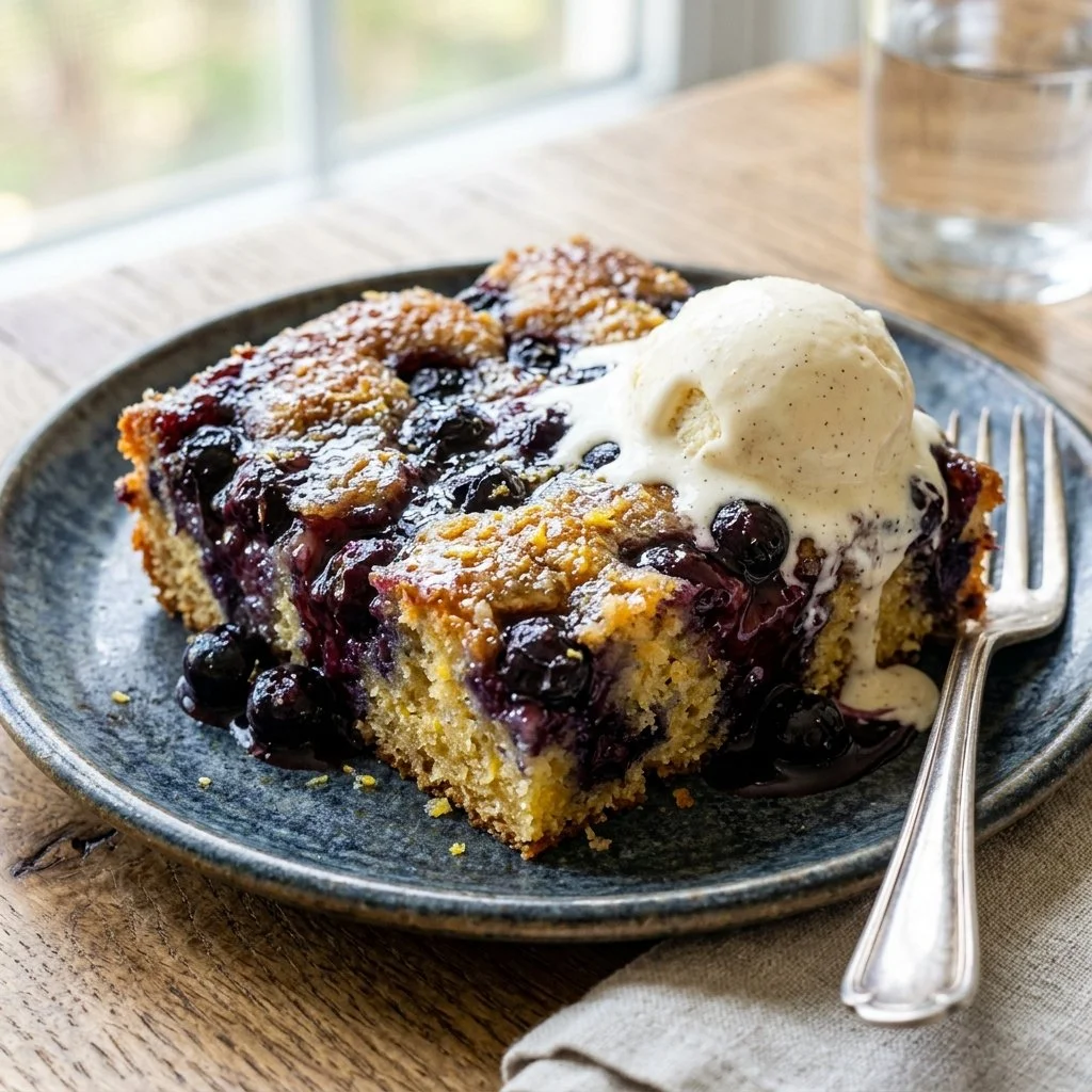 Lemon Blueberry Dump Cake served in a dish with fresh blueberries and lemon slices.