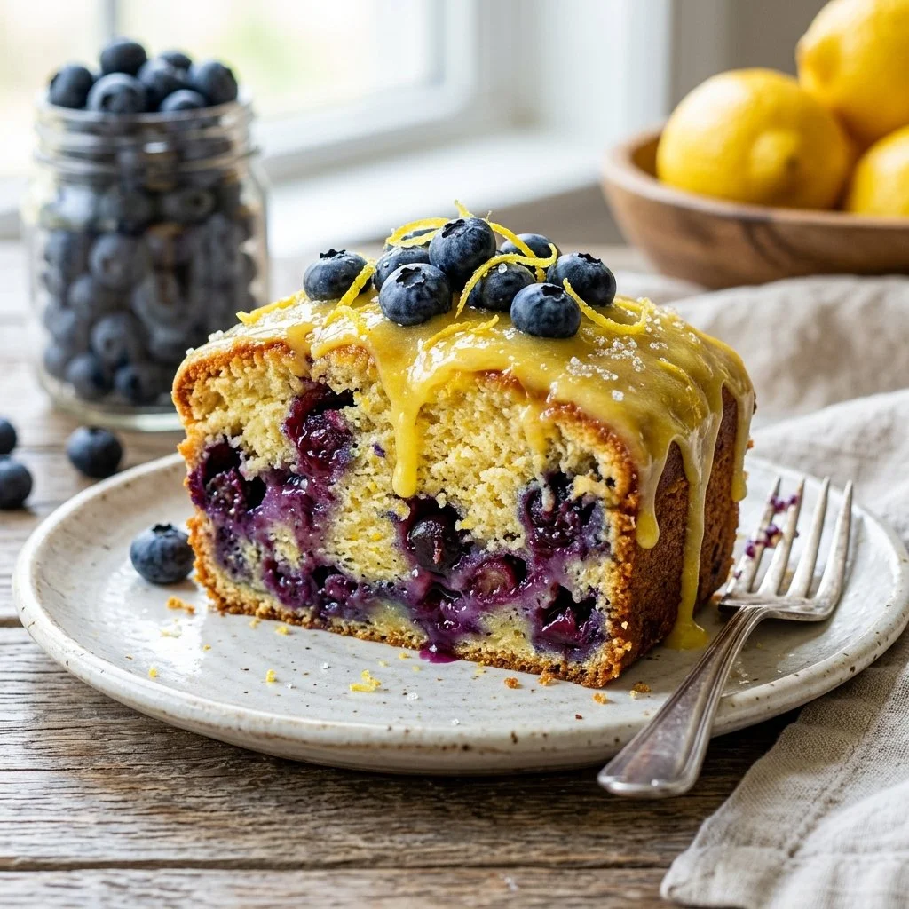 Moist lemon blueberry pound cake sliced on a wooden board with lemon and blueberries