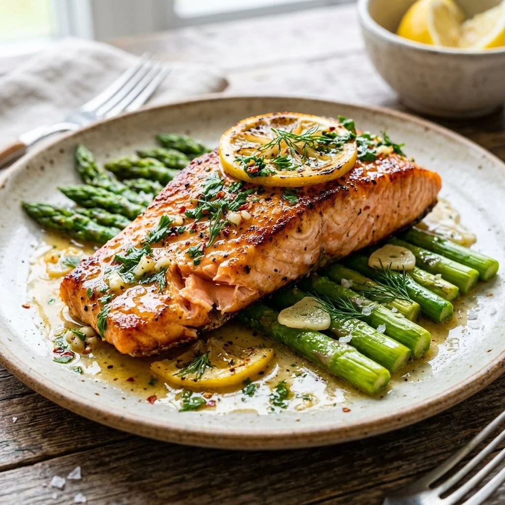 Zesty lemon butter salmon fillet garnished with fresh herbs on a plate