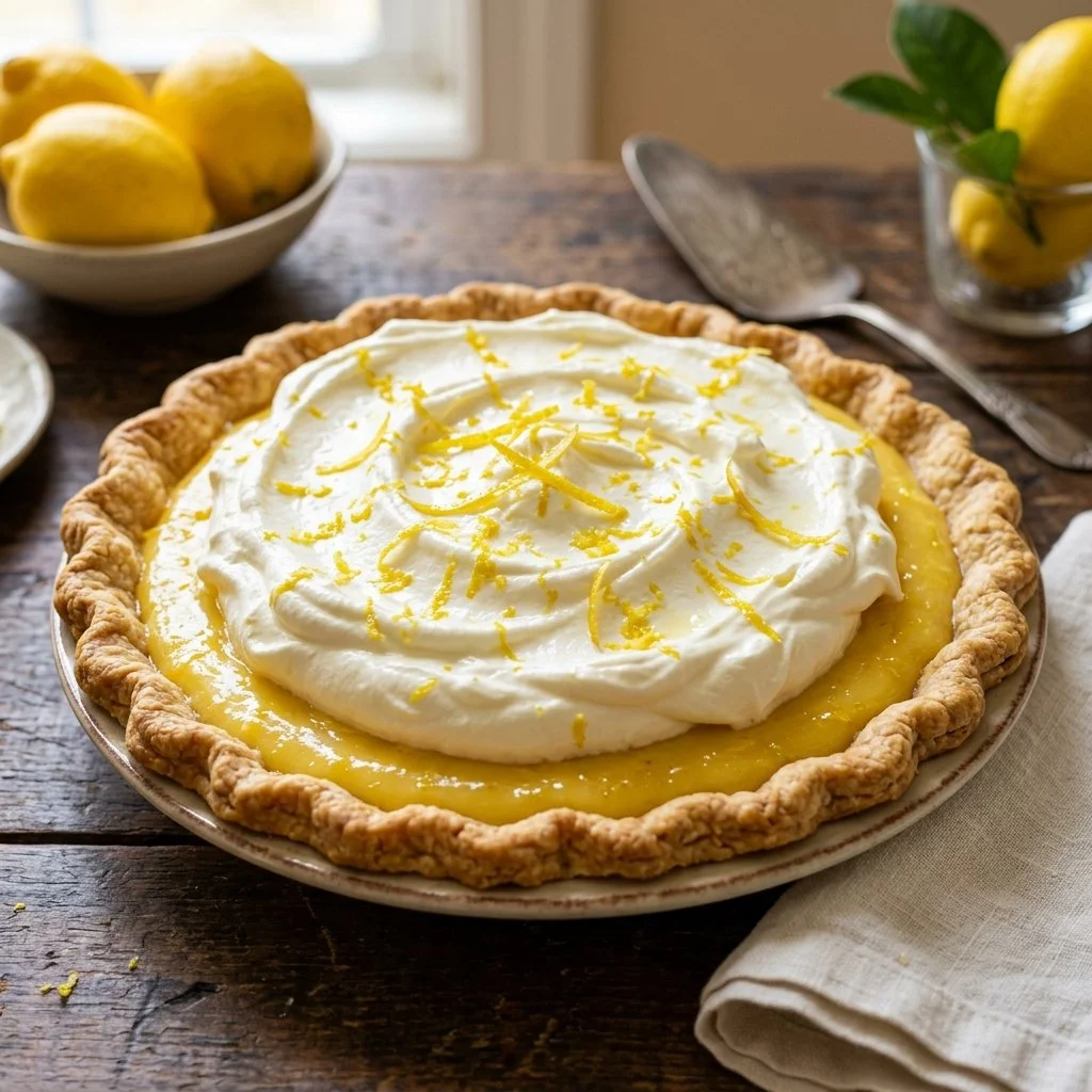Delicious slice of Lemon Cream Pie topped with whipped cream and lemon zest.