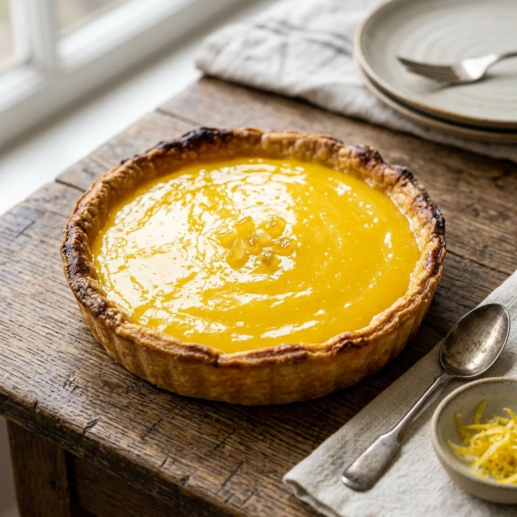 Delicious lemon curd tart with a golden crust and fresh lemon garnish