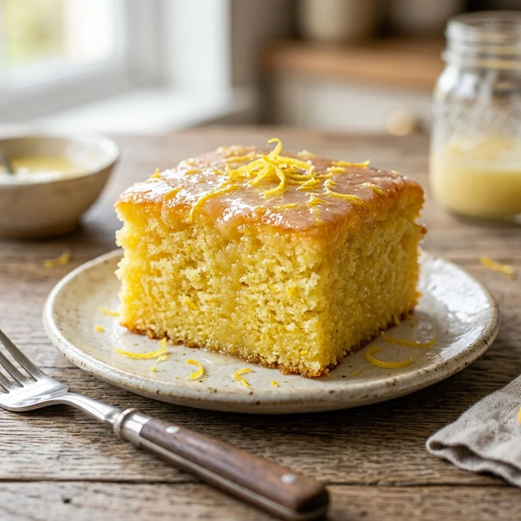 Delicious lemon drizzle cake with a glossy lemon glaze on top