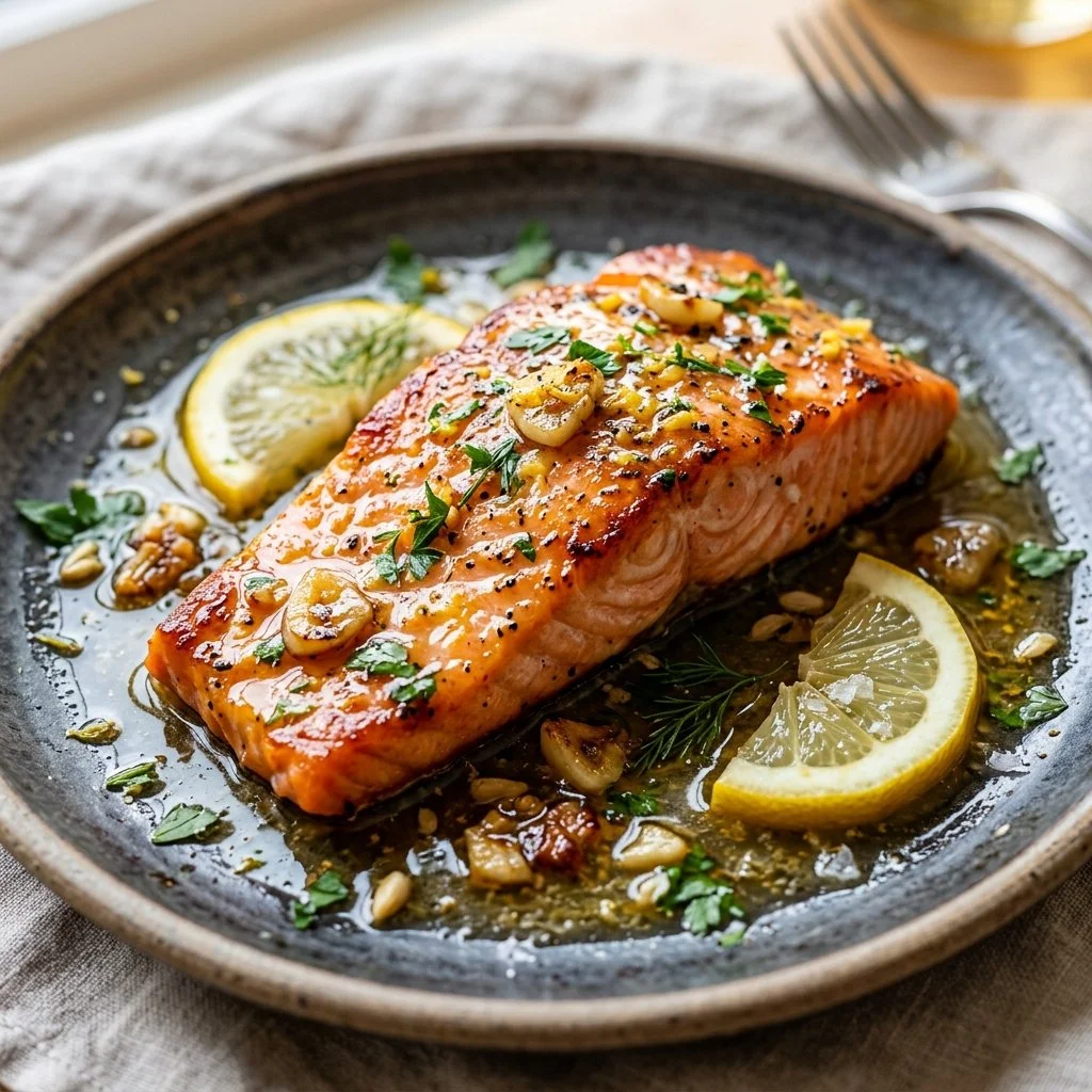 Delicious Lemon Garlic Butter Salmon fillet garnished with lemon slices and herbs