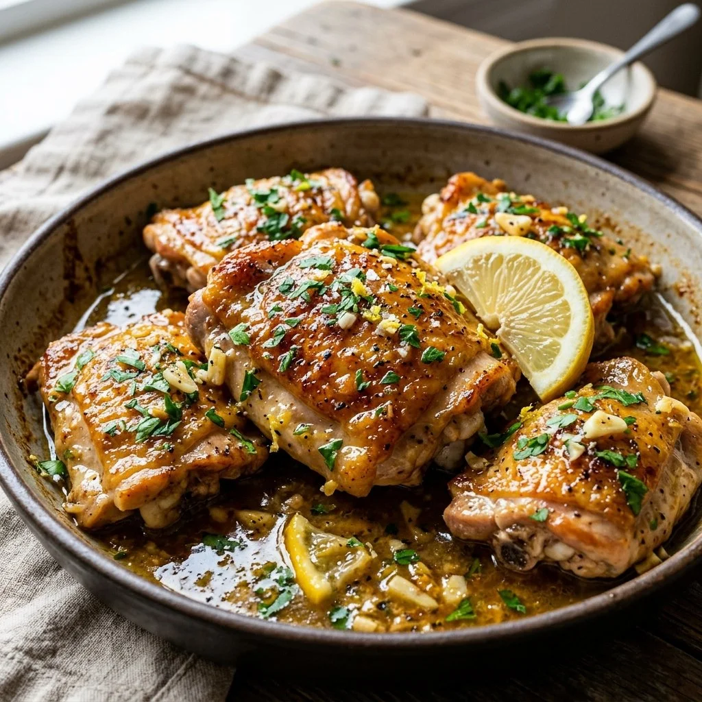 Delicious Lemon Garlic Chicken garnished with herbs and lemon slices.