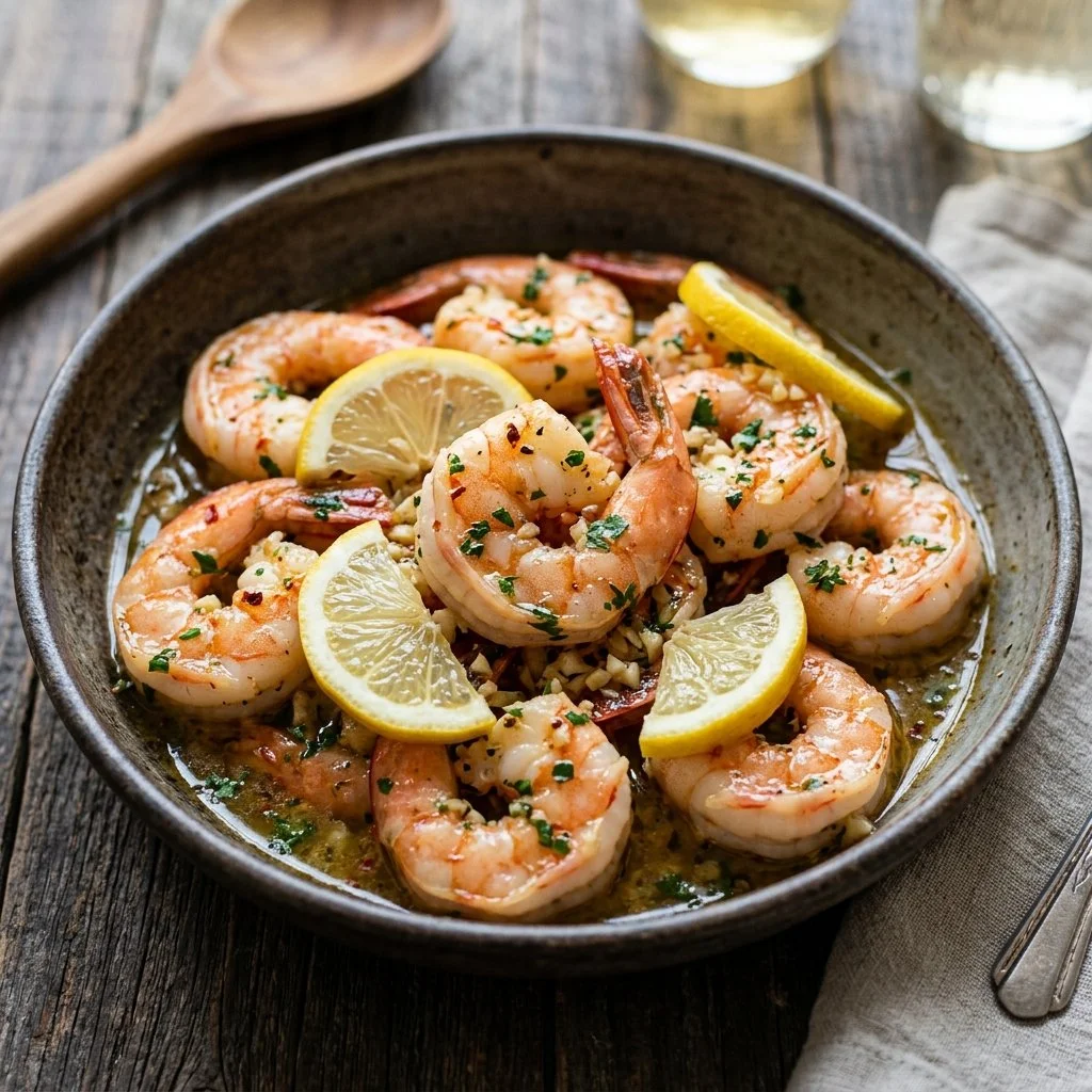 Plate of Lemon Garlic Shrimp garnished with parsley and lemon slices.
