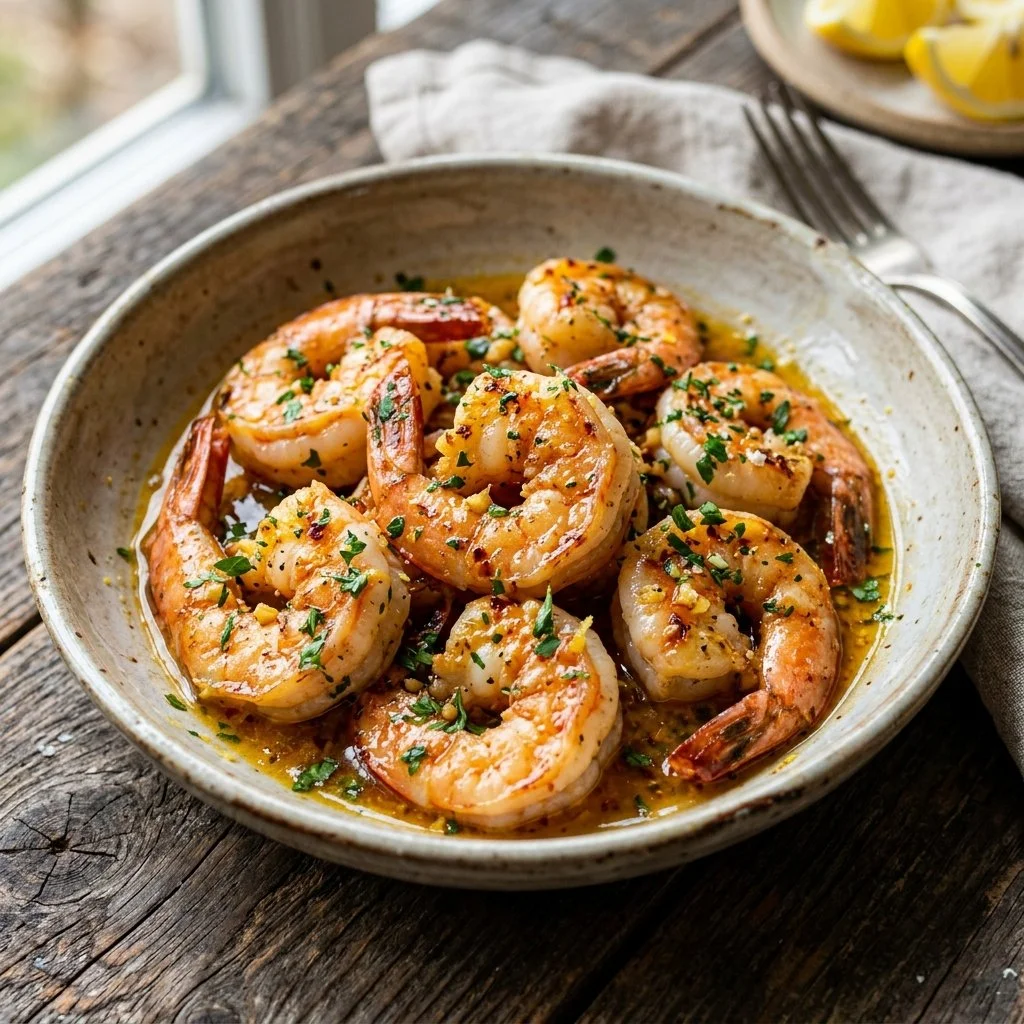 Plate of Lemon Garlic Shrimp with fresh herbs and lemon wedges