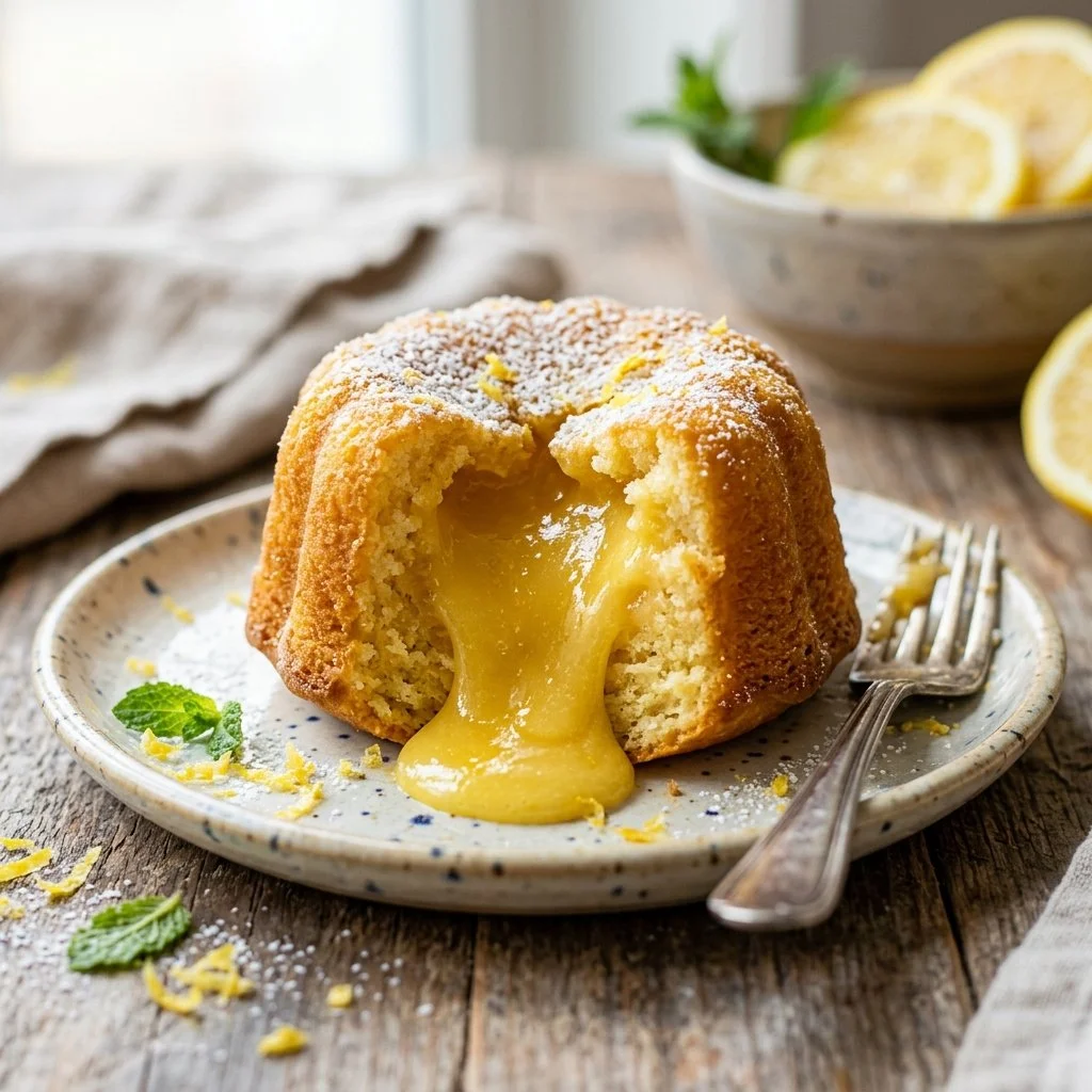 Delicious Lemon Lava Cake with a gooey lemon center and zesty flavor.