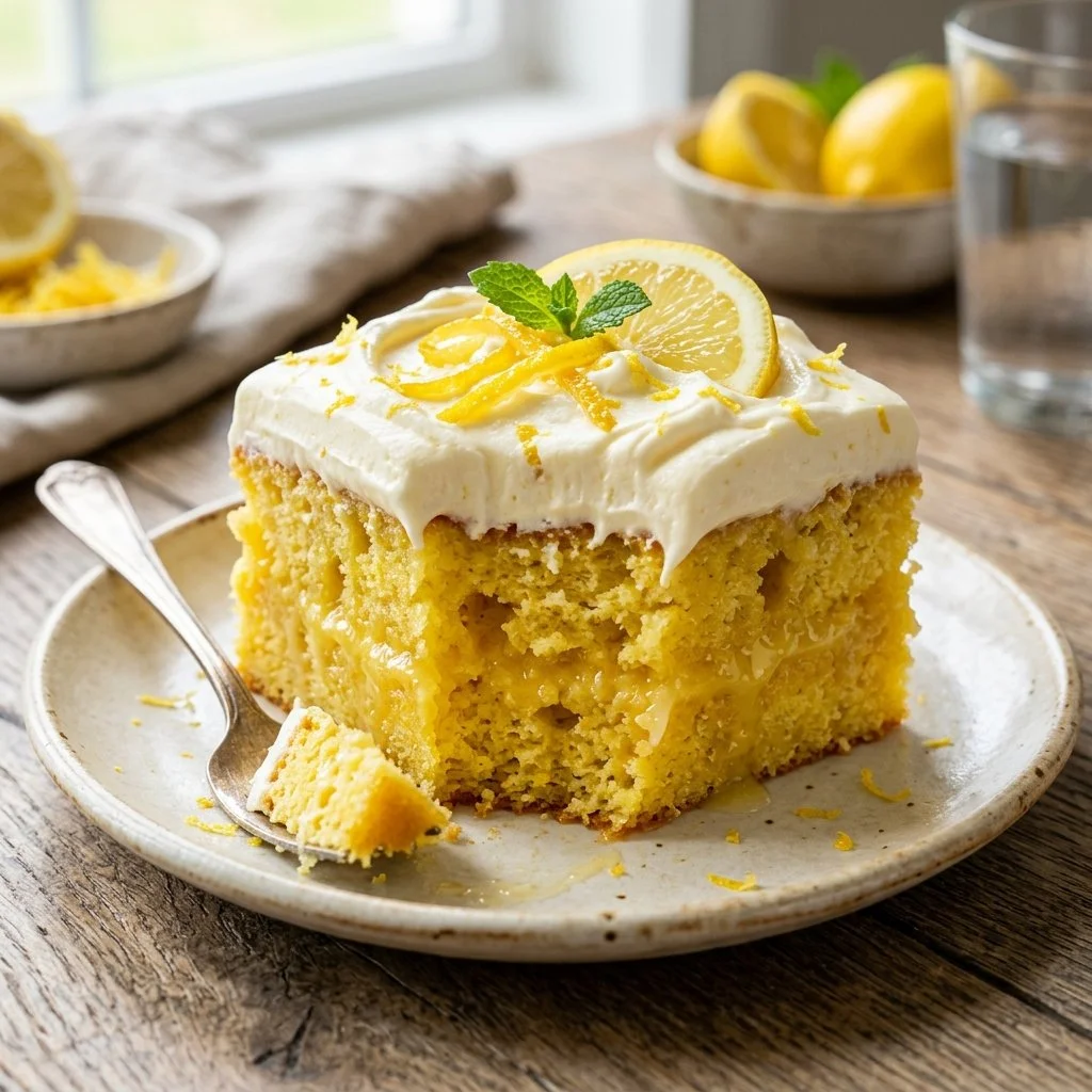 Moist lemon poke cake topped with creamy lemon frosting and zest.