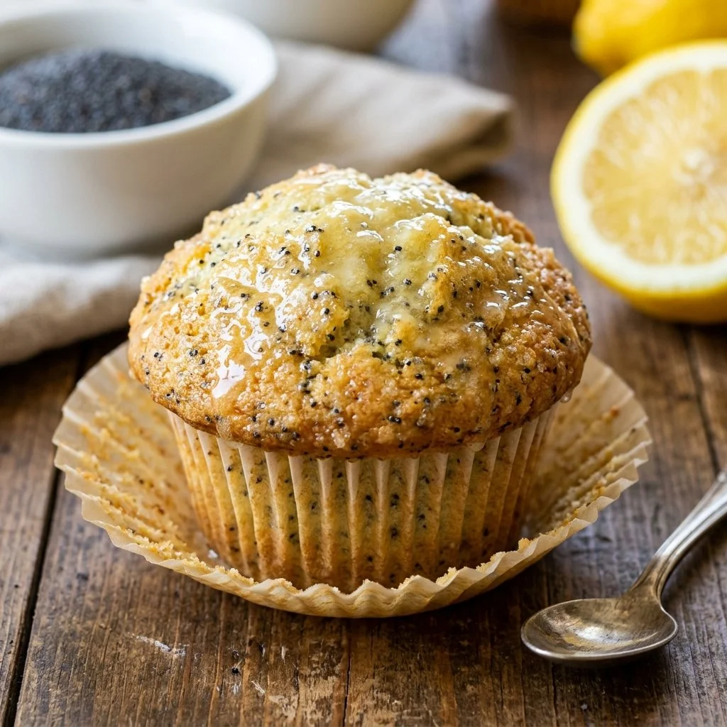 Freshly baked lemon poppy seed muffins with vibrant lemon zest and poppy seeds
