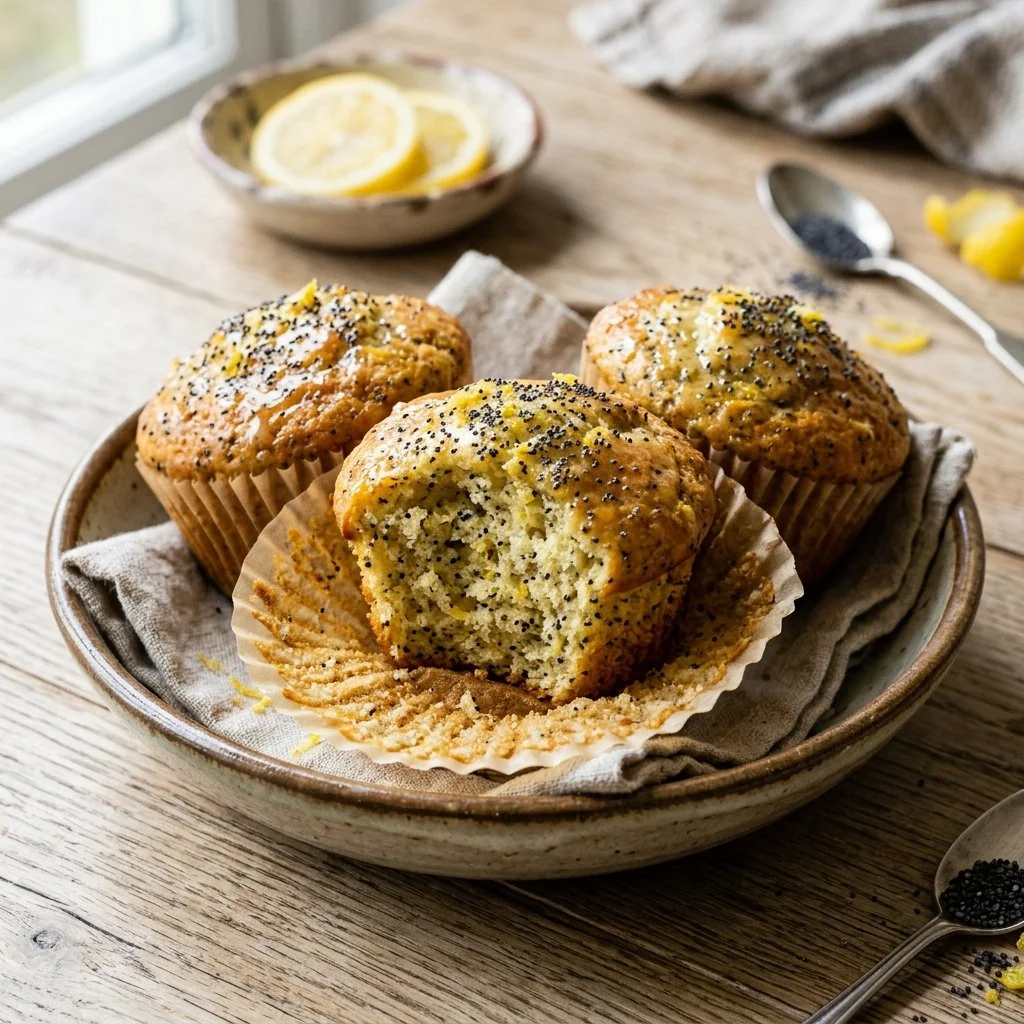 Freshly baked lemon poppy seed muffins on a rustic wooden table.