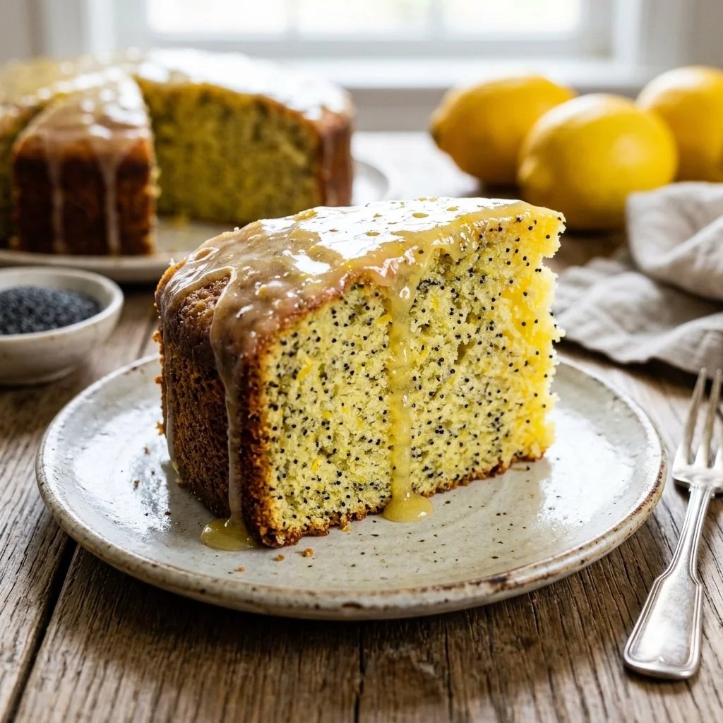Moist and zesty Lemon Poppyseed Cake topped with a lemon glaze