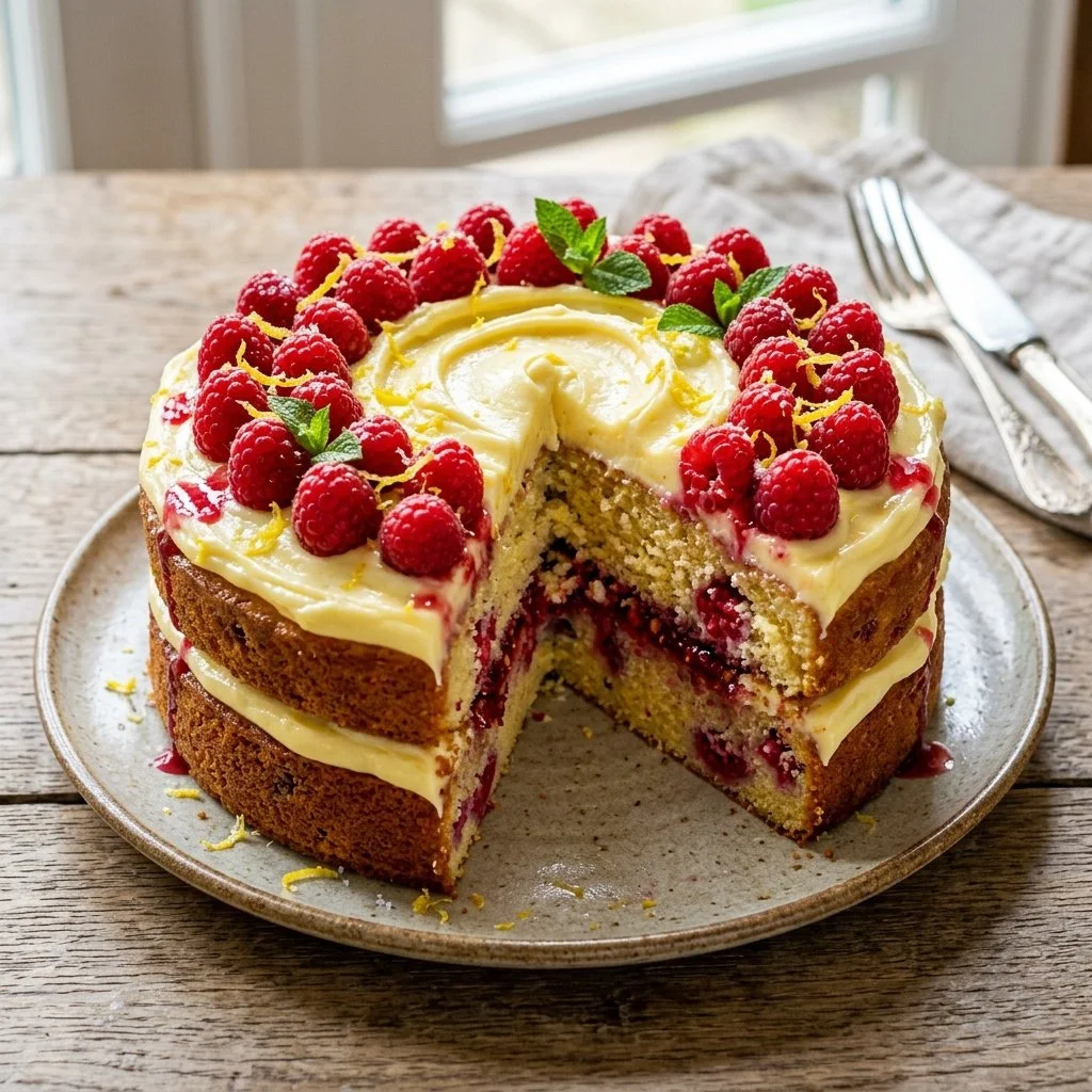 Delicious homemade Lemon Raspberry Cake topped with fresh raspberries and lemon zest.