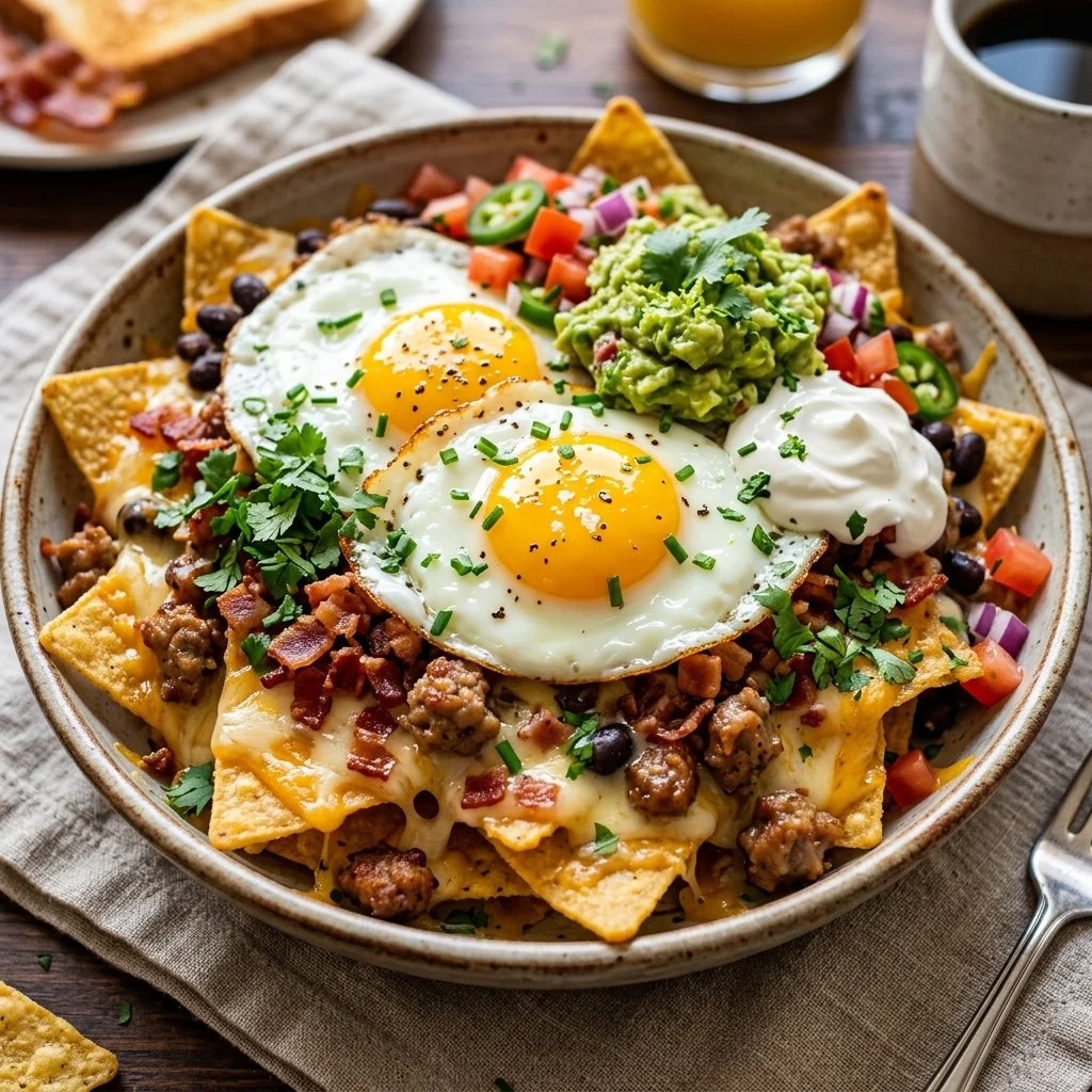 Loaded Breakfast Nachos topped with eggs, cheese, and fresh toppings on a plate.