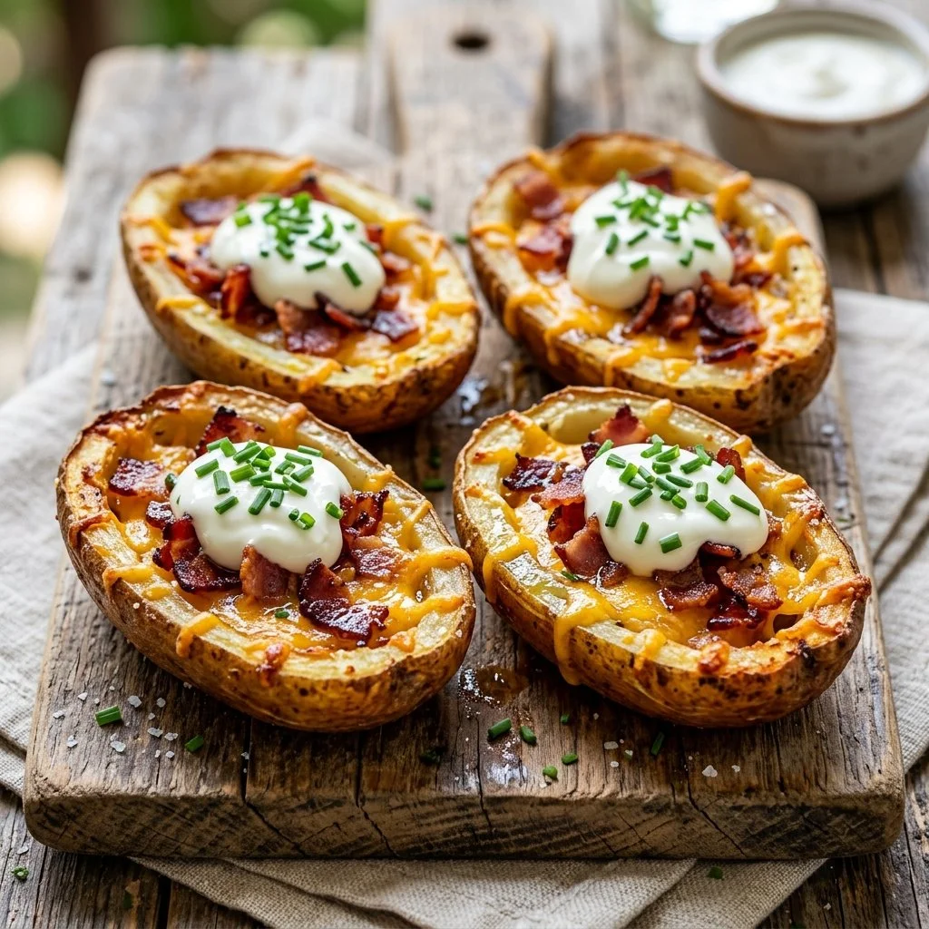 Delicious loaded potato skins topped with cheese and bacon.