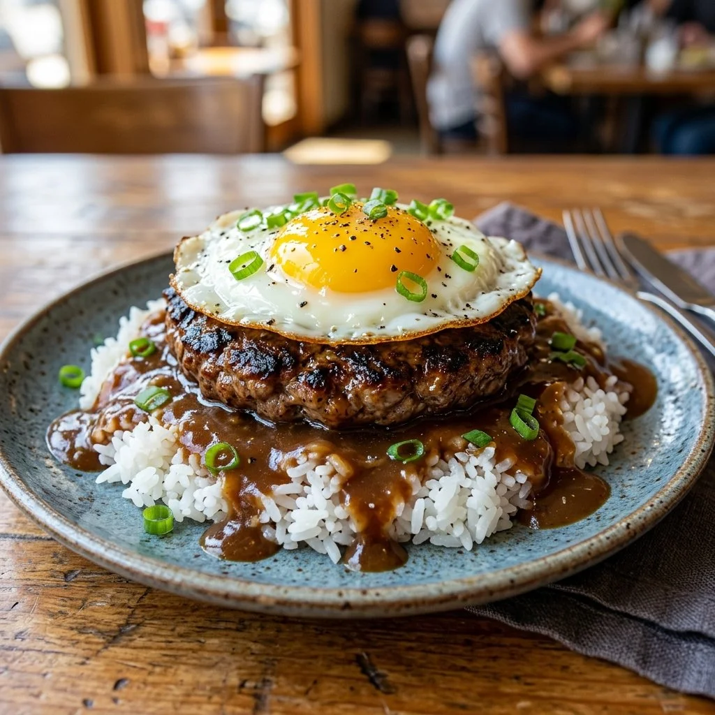 Delicious plate of Loco Moco with rice, hamburger patty, gravy, and fried egg.