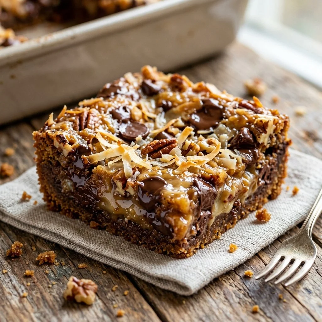 Delicious homemade Magic Bars with chocolate, coconut, and nuts.