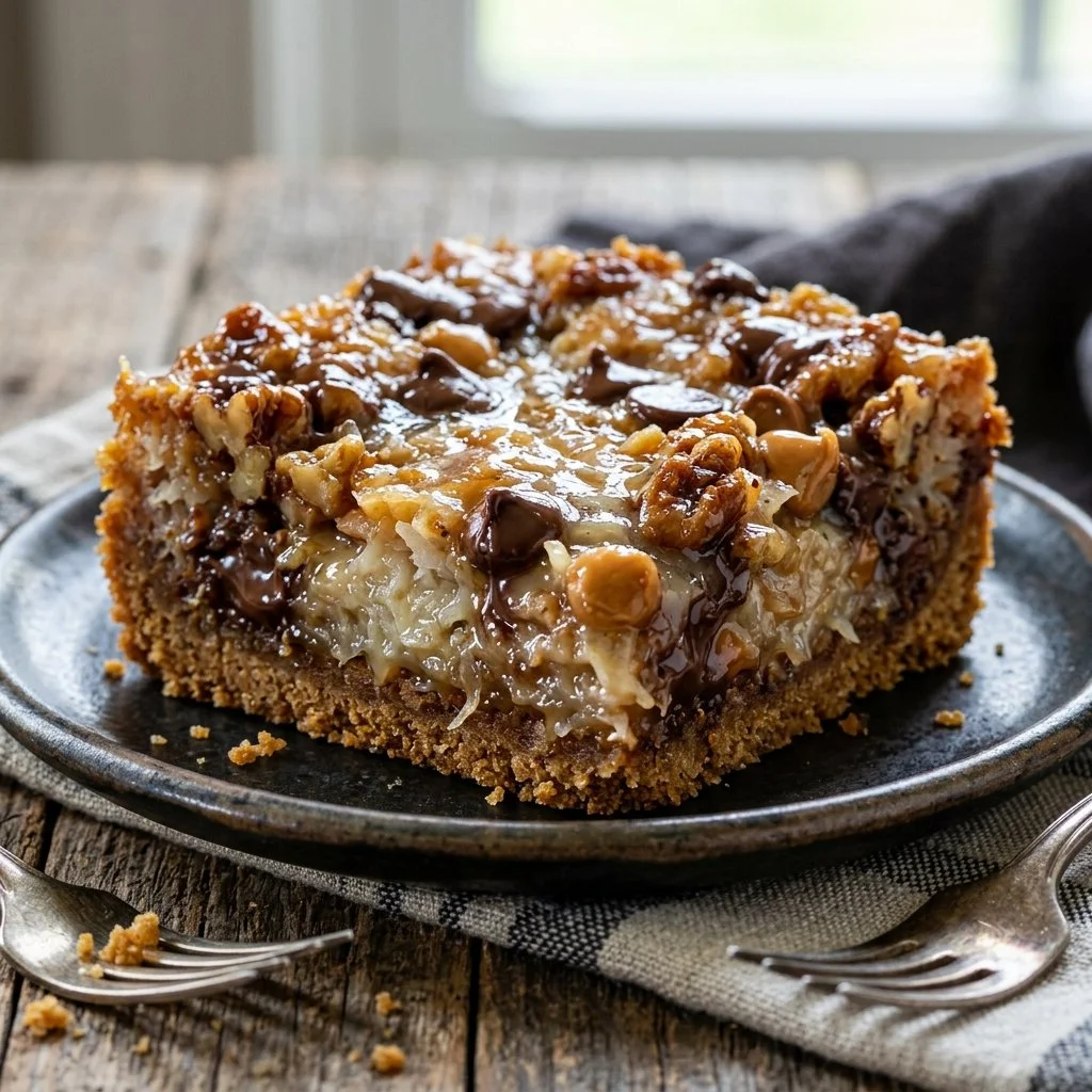 Deliciously baked Magic Cookie Bars topped with chocolate and coconut.