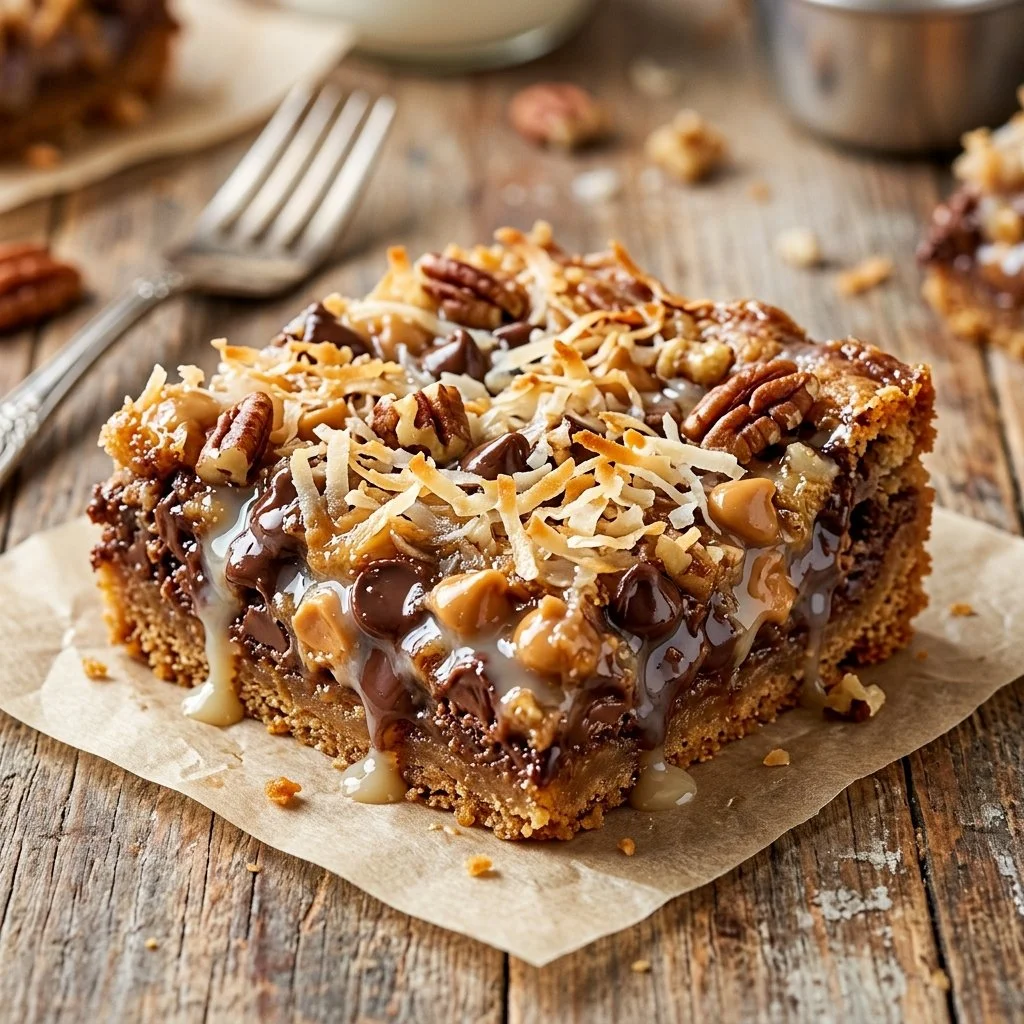Delicious homemade Magic Cookie Bars with layers of chocolate, nuts, and coconut.