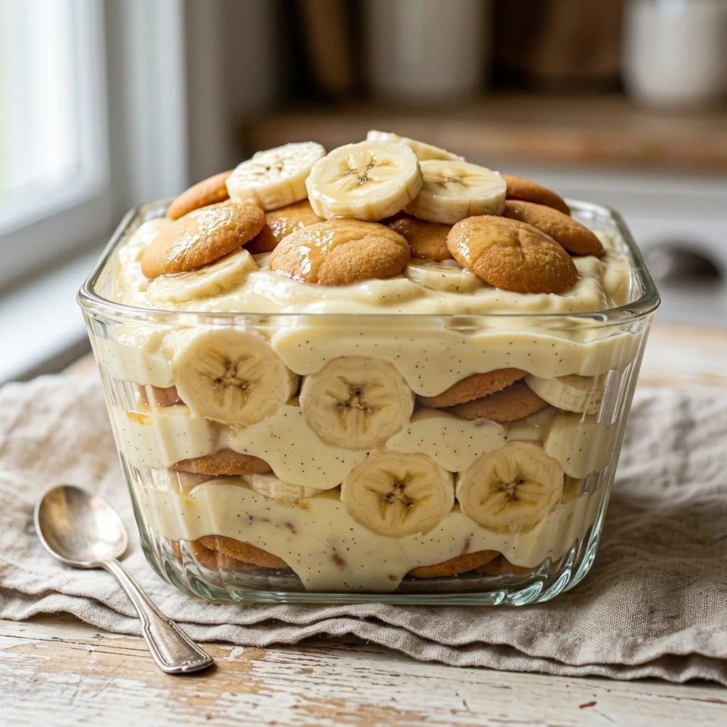 Delicious Magnolia Banana Pudding served in a bowl with layers of bananas and cream