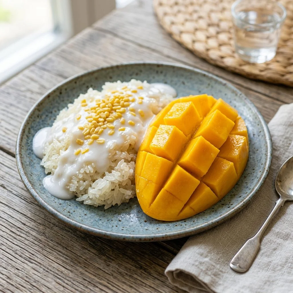 Delicious serving of Mango Sticky Rice with ripe mango slices and coconut drizzle