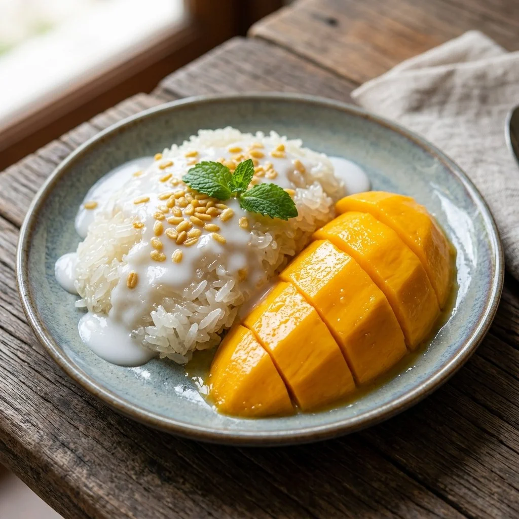 Delicious plate of Mango Sticky Rice with ripe mango slices and coconut sauce