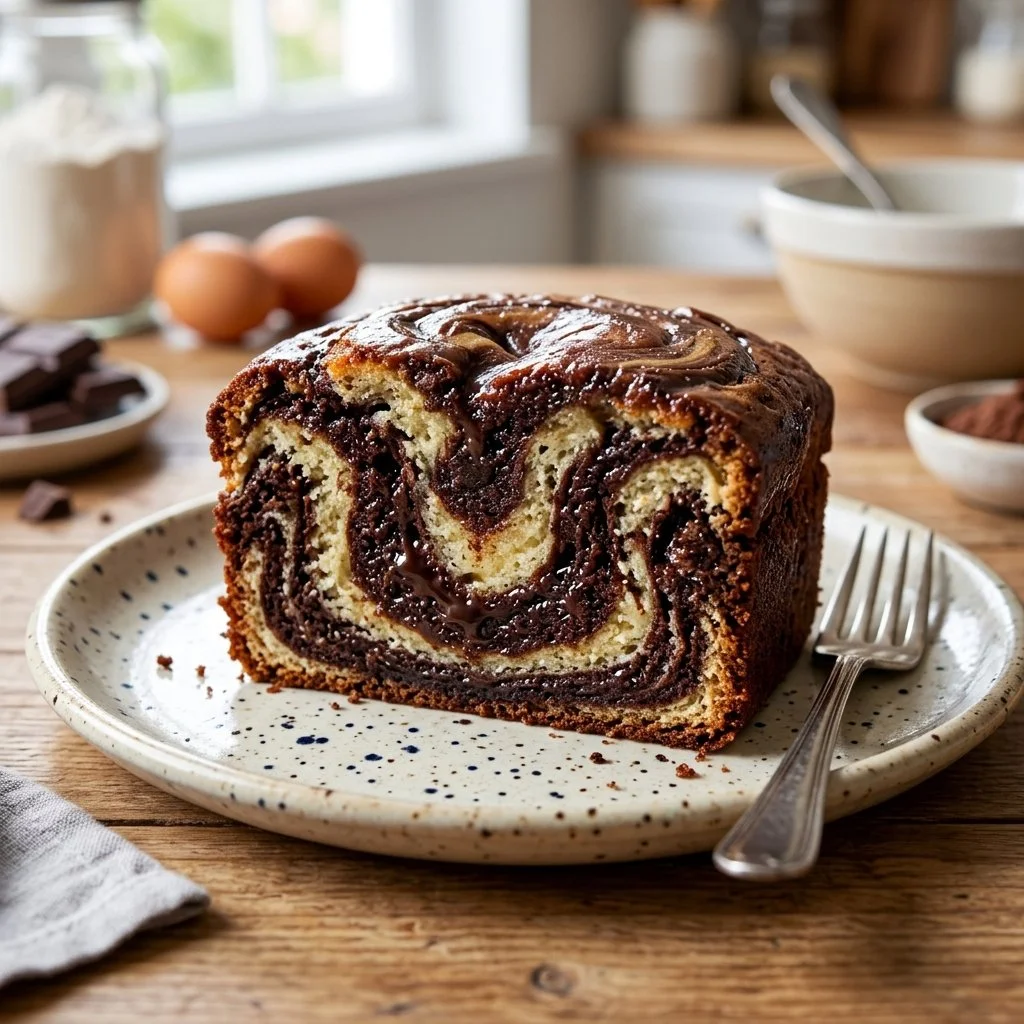 Delicious homemade marble cake with chocolate and vanilla swirls.