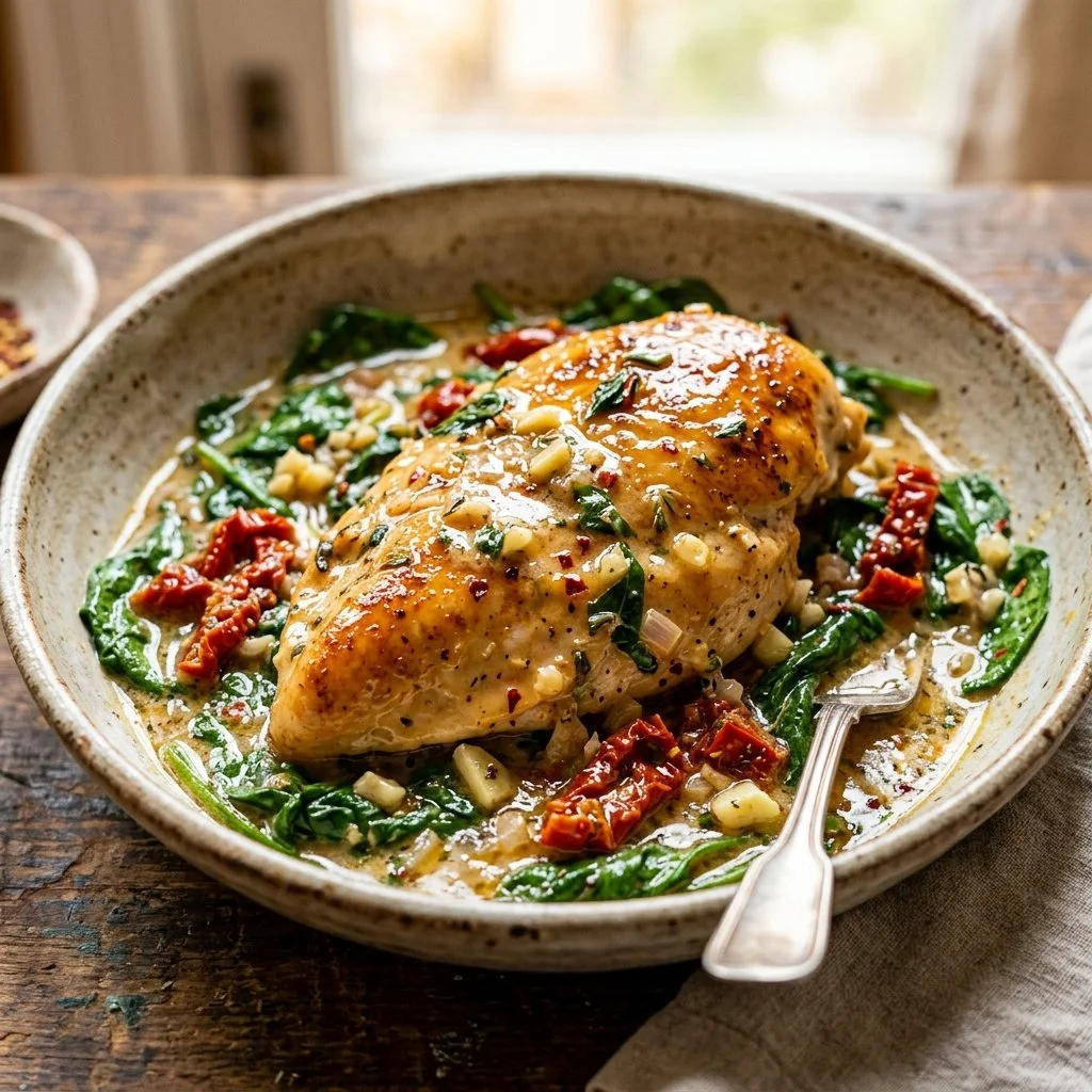 Creamy Marry Me Chicken in a skillet with herbs and sun-dried tomatoes