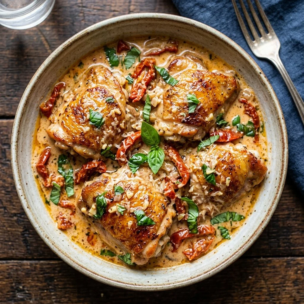 Delicious plate of Marry Me Chicken garnished with herbs