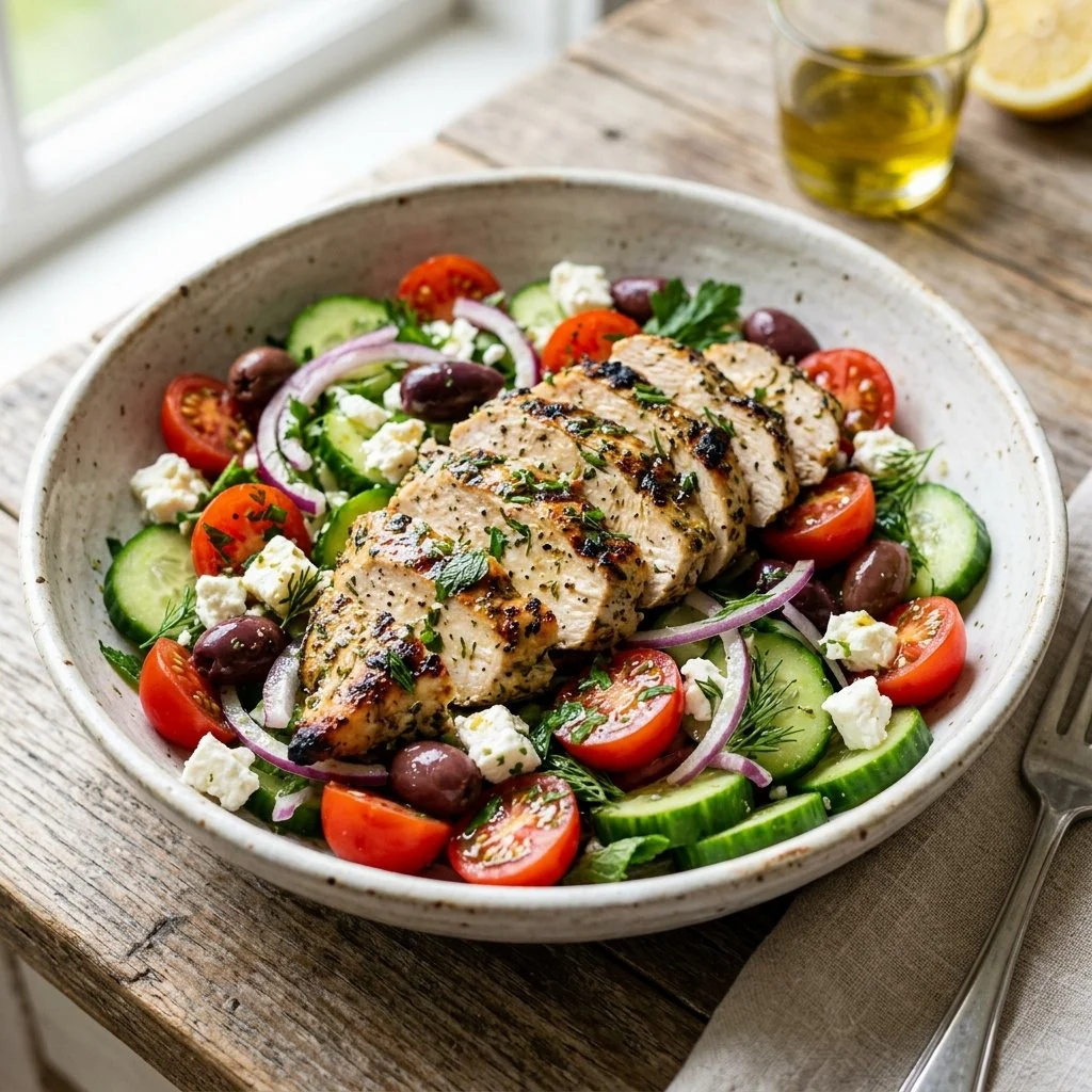 A vibrant Mediterranean chicken salad with fresh vegetables and herbs.