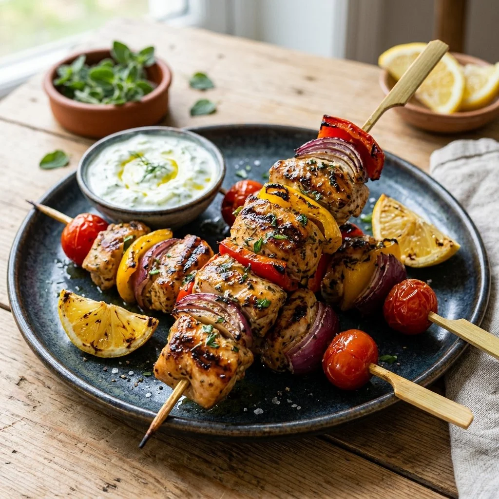 Grilled Mediterranean Chicken Skewers with vibrant vegetables