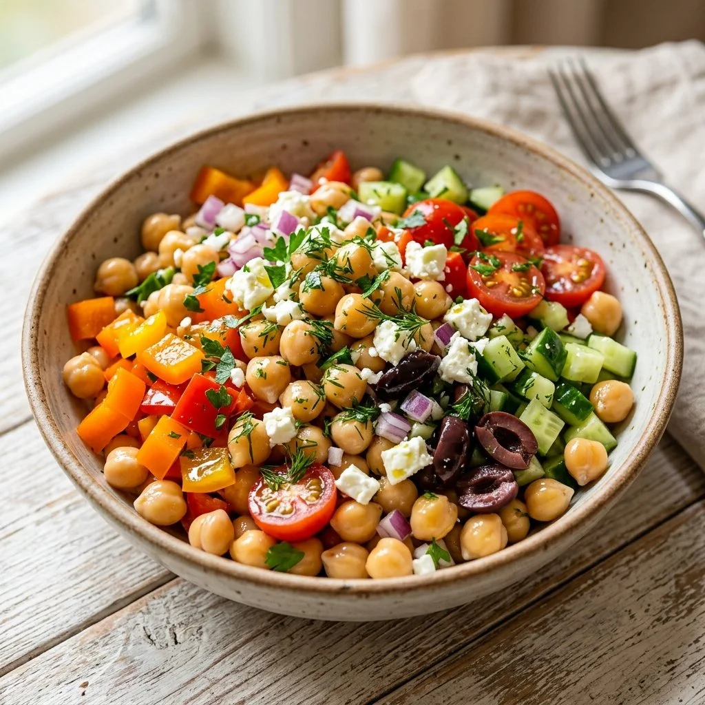 Bowl of Mediterranean Chickpea Salad with colorful vegetables and herbs