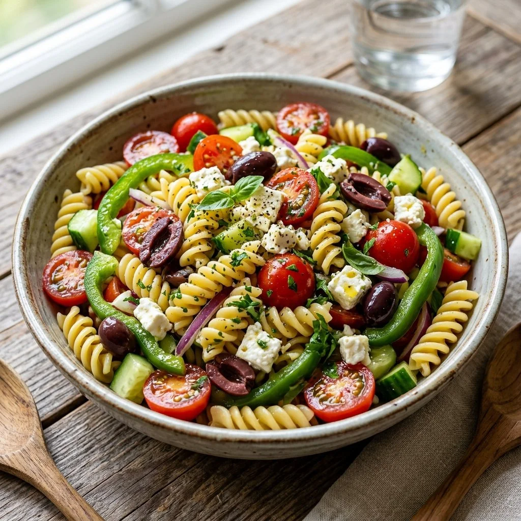 Vibrant Mediterranean Pasta Salad with fresh veggies and herbs