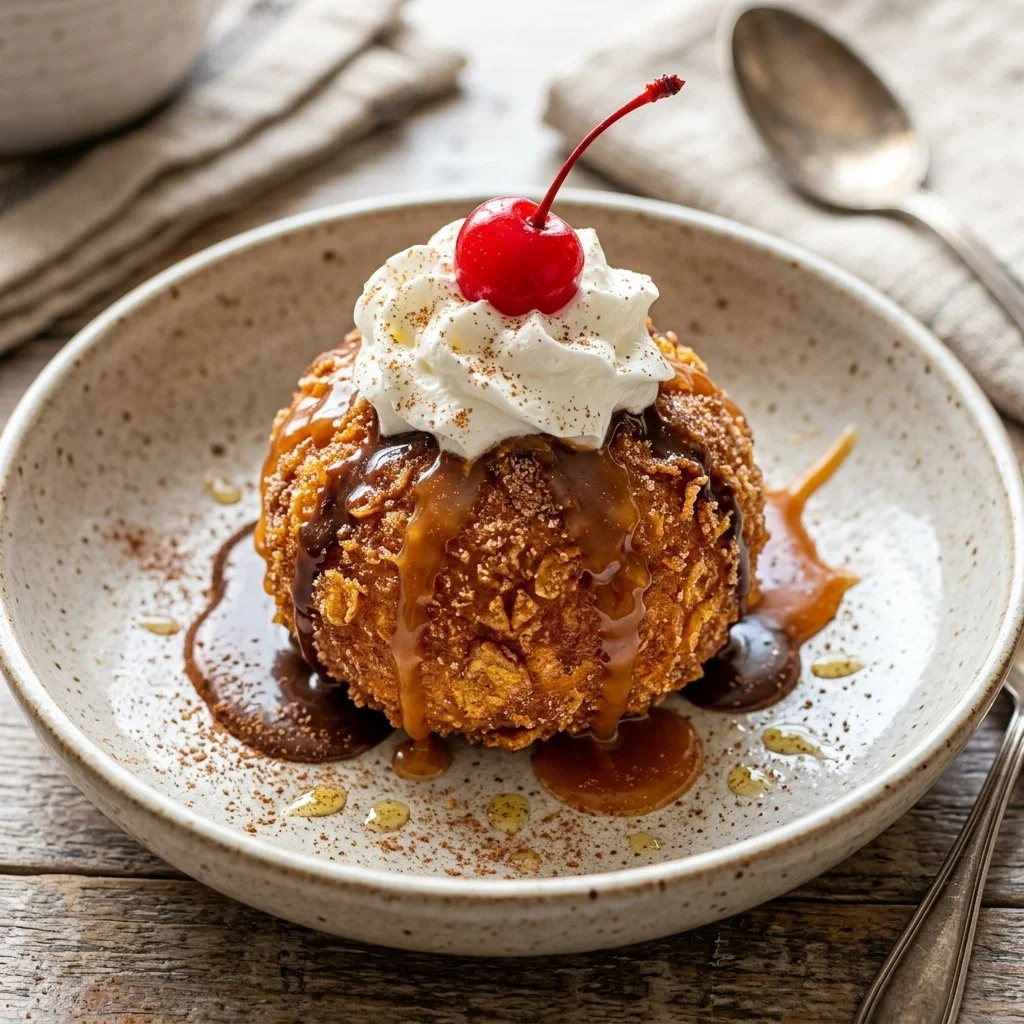 A serving of Mexican Fried Ice Cream topped with chocolate sauce and whipped cream