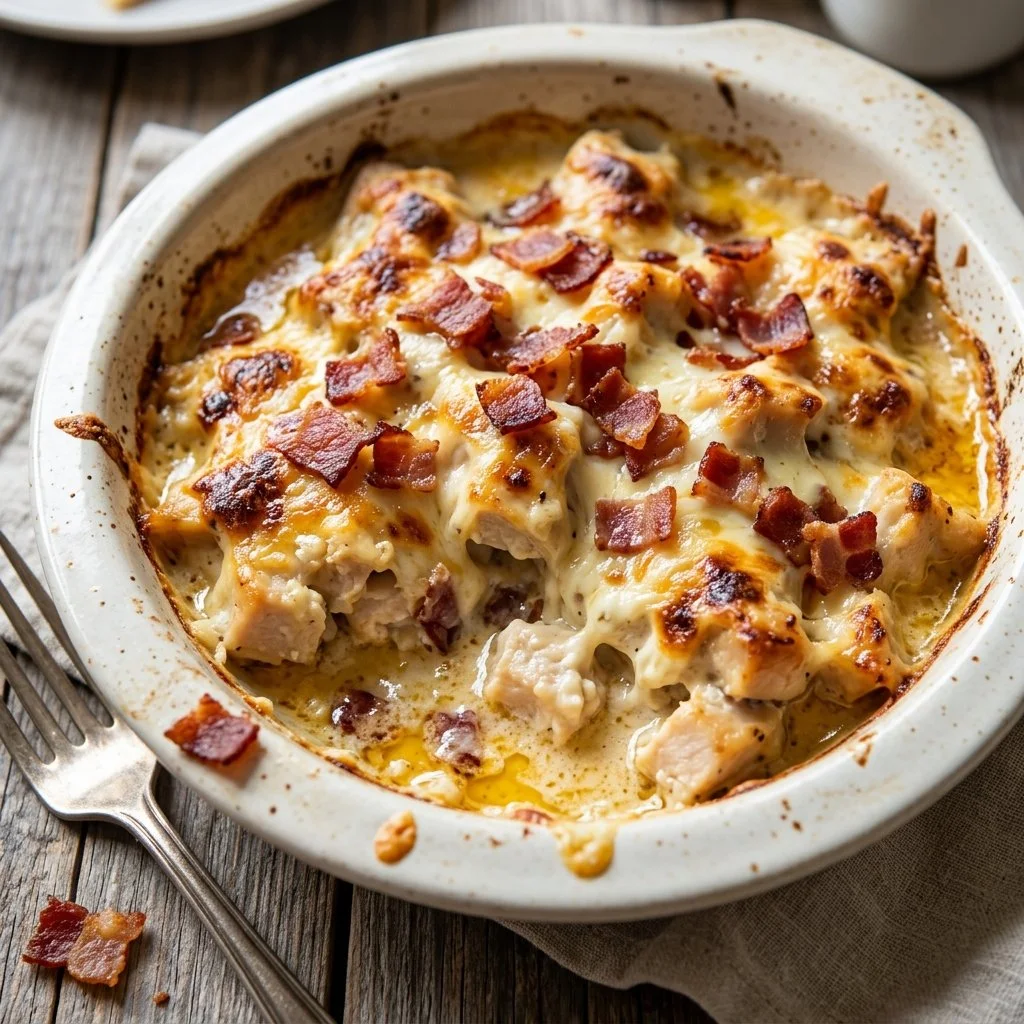 A delicious Million Dollar Chicken Bake topped with melted cheese and herbs.