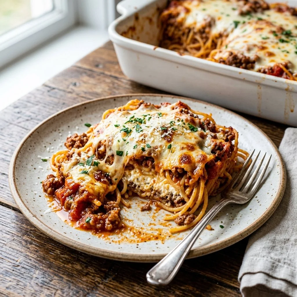 A delicious plate of Million Dollar Spaghetti ready to serve.