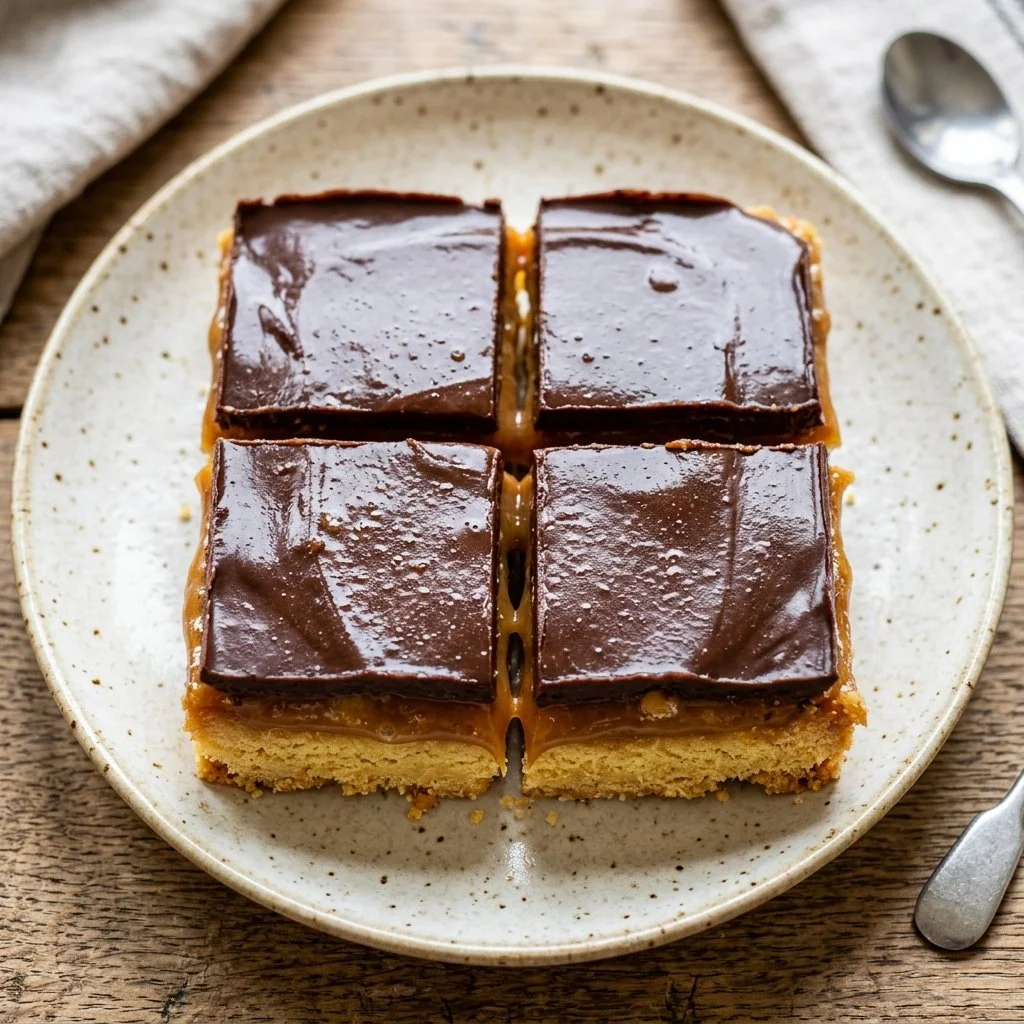 Deliciously layered Millionaire Shortbread with shortbread base, caramel filling, and chocolate topping.