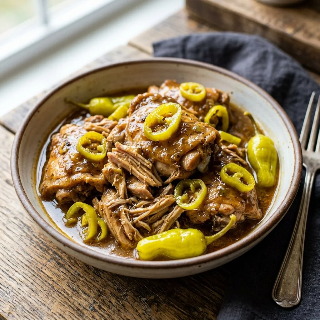 Delicious plate of Mississippi Chicken with spices and peppers.