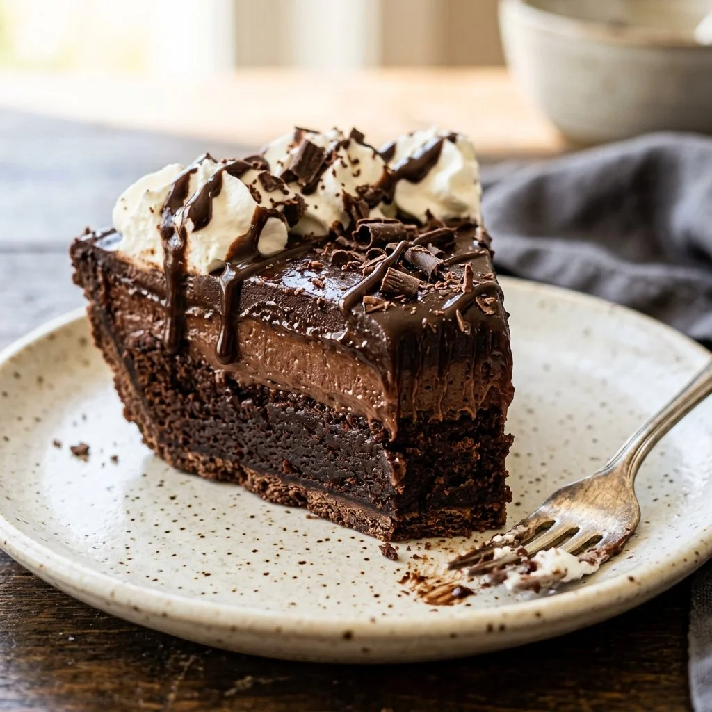 Delicious Mississippi Mud Pie with chocolate and marshmallows served on a plate